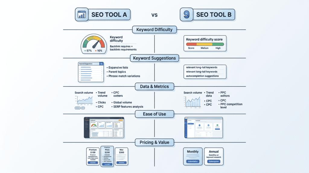 Infographic comparing Ahrefs Keyword Explorer and KWFinder features, data, ease of use, and pricing.