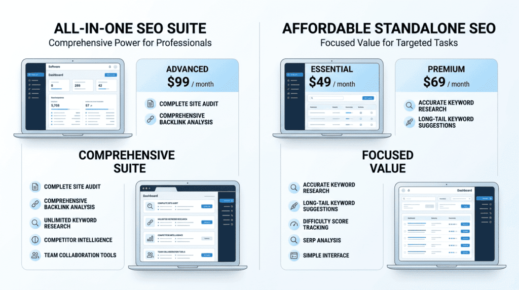 Pricing comparison between Ahrefs Keyword Explorer's all-in-one suite and KWFinder's affordable plans.