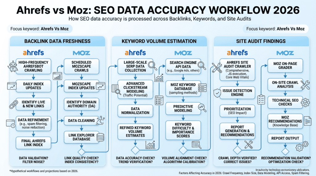 Ahrefs Vs Moz accuracy workflow diagram for SEO data