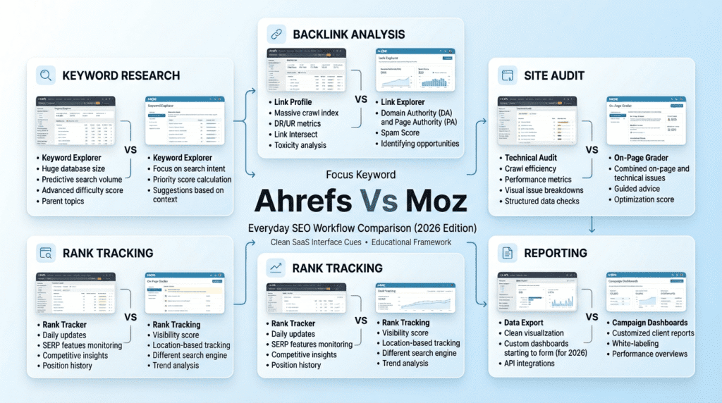 Ahrefs Vs Moz SEO workflow framework infographic
