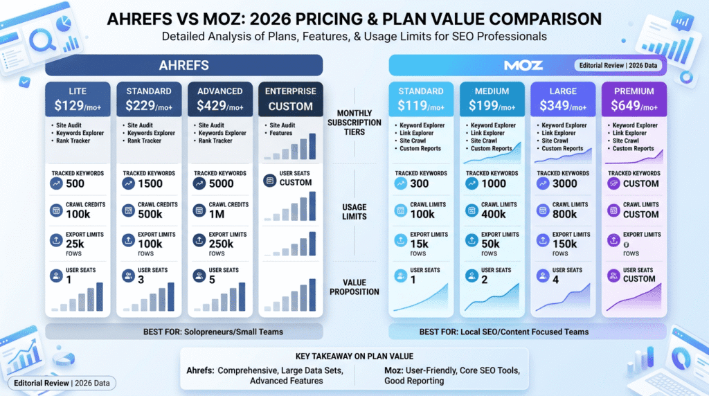 Ahrefs Vs Moz pricing and value comparison infographic