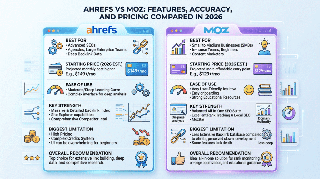 Ahrefs Vs Moz side-by-side comparison infographic