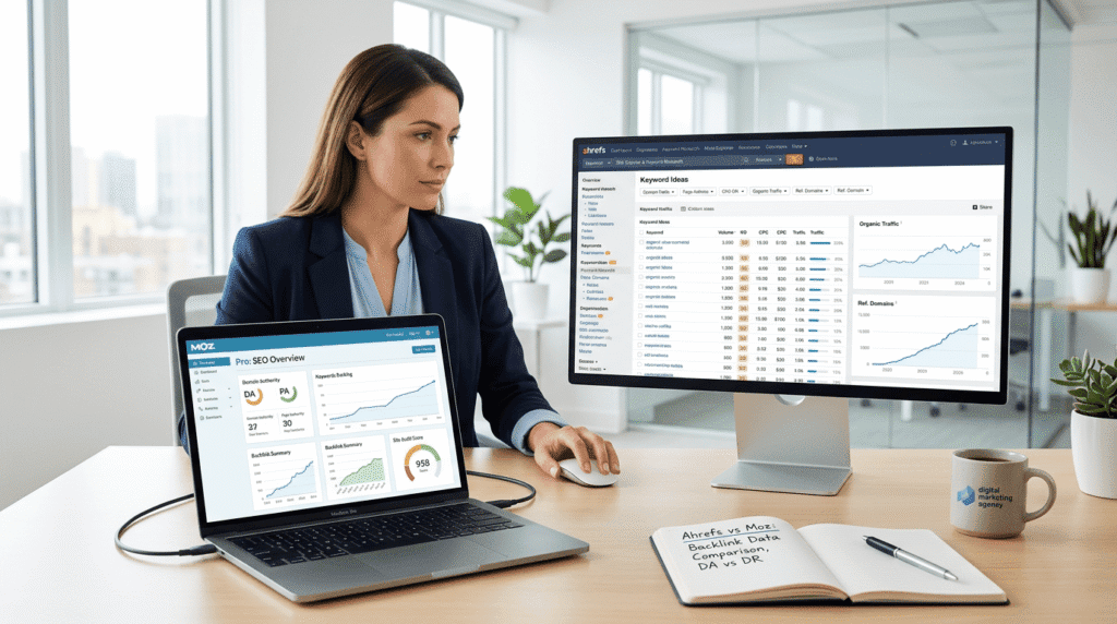 Ahrefs Vs Moz comparison hero image with SEO dashboards