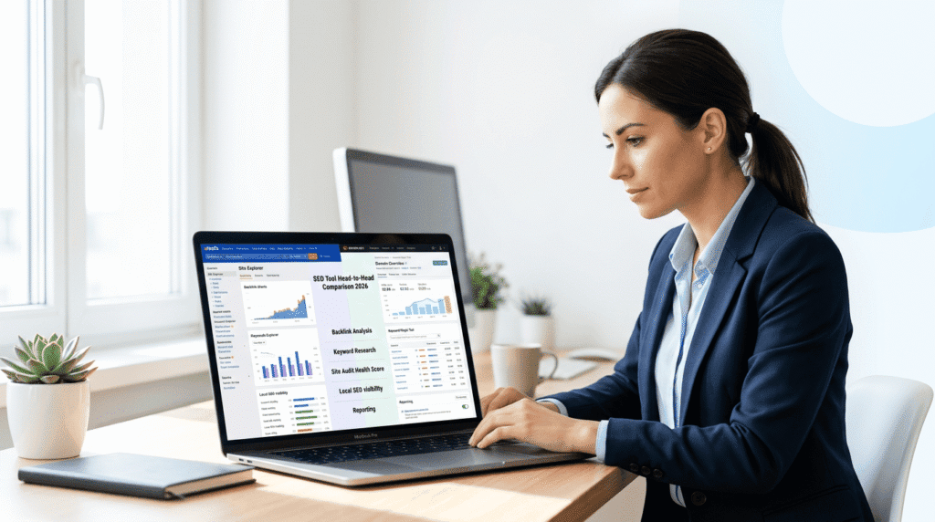 Ahrefs Vs Semrush comparison dashboard in a bright modern workspace