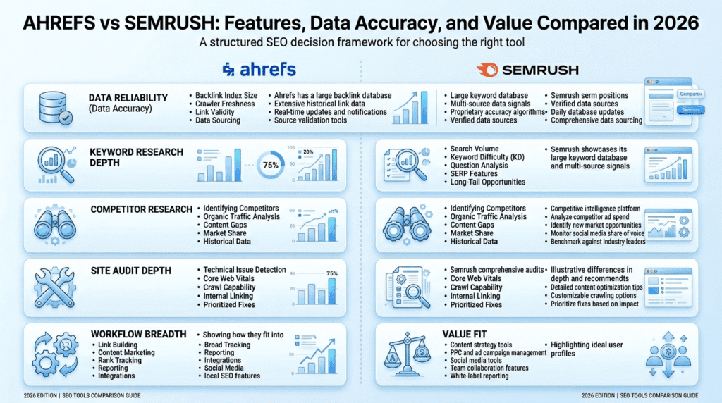 Ahrefs Vs Semrush SEO decision framework infographic