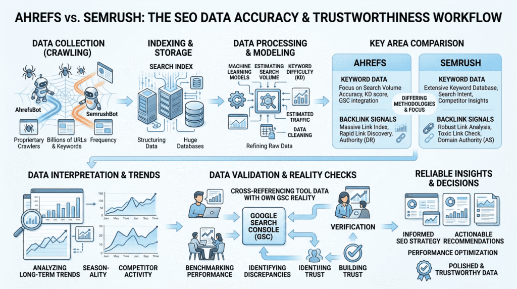 Ahrefs Vs Semrush data accuracy workflow diagram