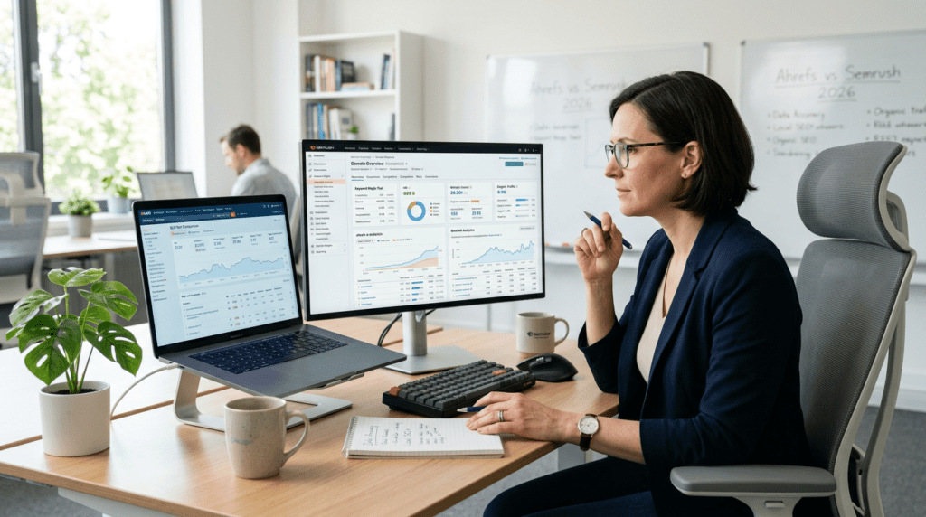 SEO editor reviewing Ahrefs Vs Semrush reports in a modern workspace