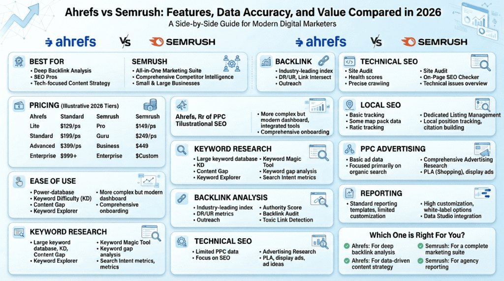 Ahrefs Vs Semrush side-by-side comparison infographic