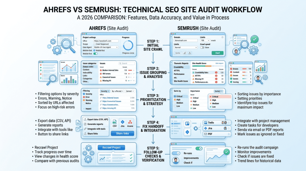 Ahrefs Vs Semrush technical SEO site audit workflow