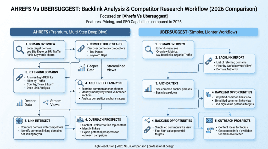 Ahrefs Vs Ubersuggest backlink analysis workflow diagram