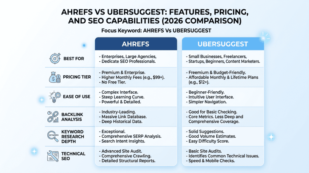 Ahrefs Vs Ubersuggest side-by-side SEO tool comparison infographic