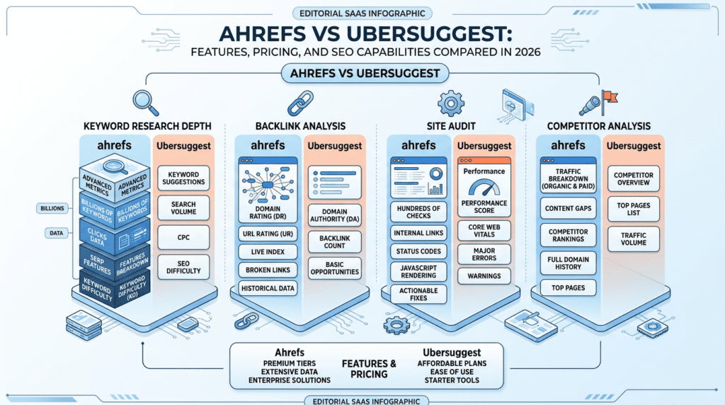 Ahrefs Vs Ubersuggest feature pillars infographic