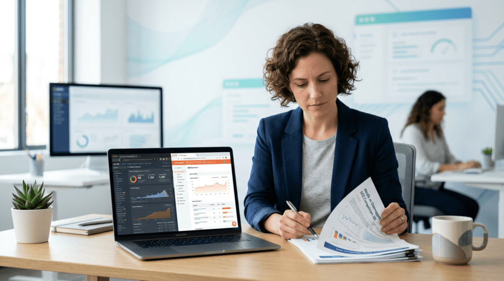 SEO expert reviewing Ahrefs Vs Ubersuggest reports
