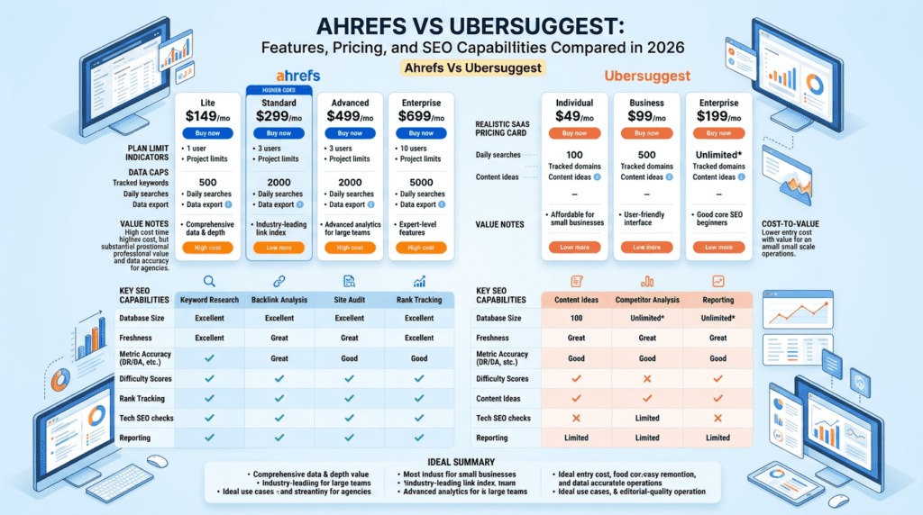 Ahrefs Vs Ubersuggest pricing and value comparison visual