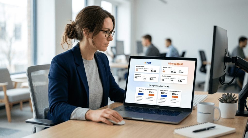 Ahrefs Vs Ubersuggest SEO comparison dashboard in a modern workspace