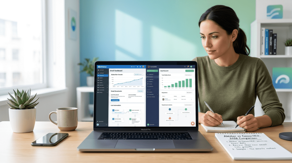 AWeber vs ConvertKit email marketing dashboards in a modern workspace