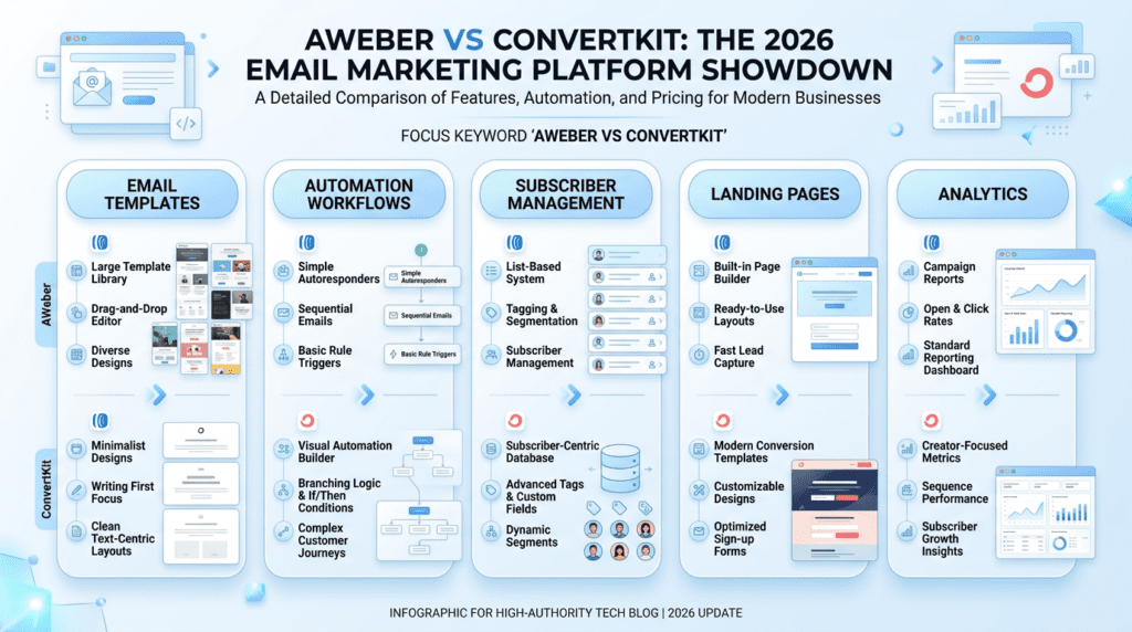 AWeber vs ConvertKit core features framework infographic