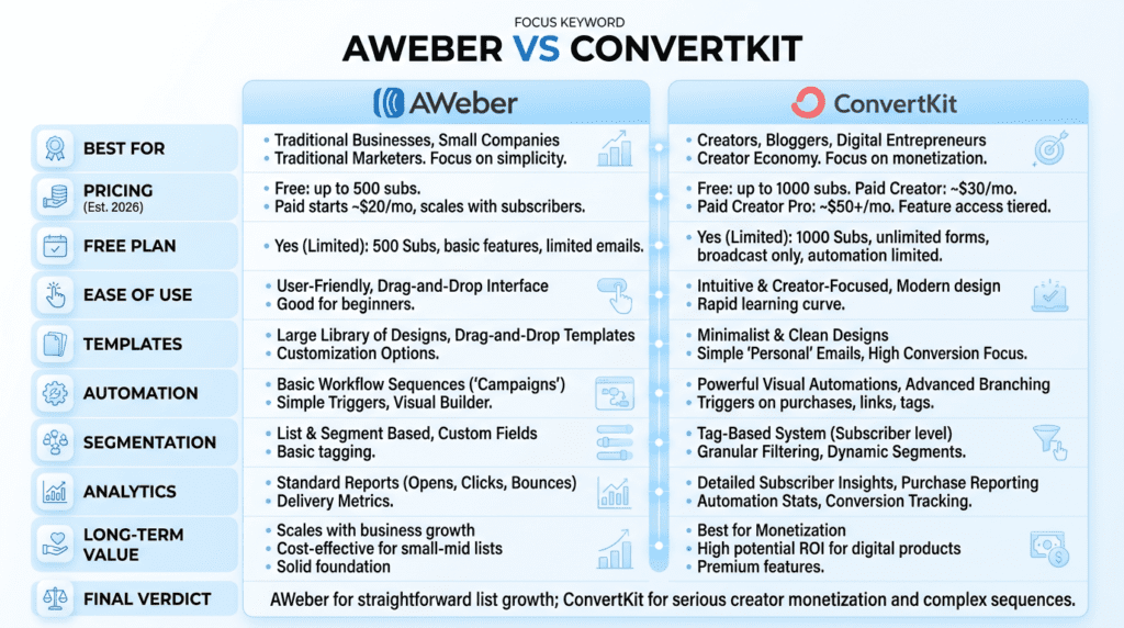 AWeber vs ConvertKit side-by-side comparison infographic