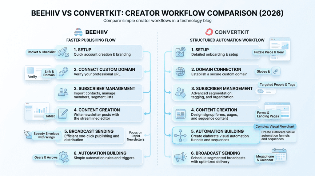 Beehiiv Vs Convertkit workflow and setup diagram