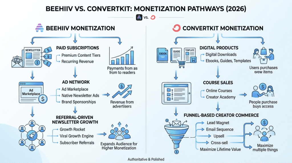 Beehiiv Vs Convertkit monetization pathways infographic