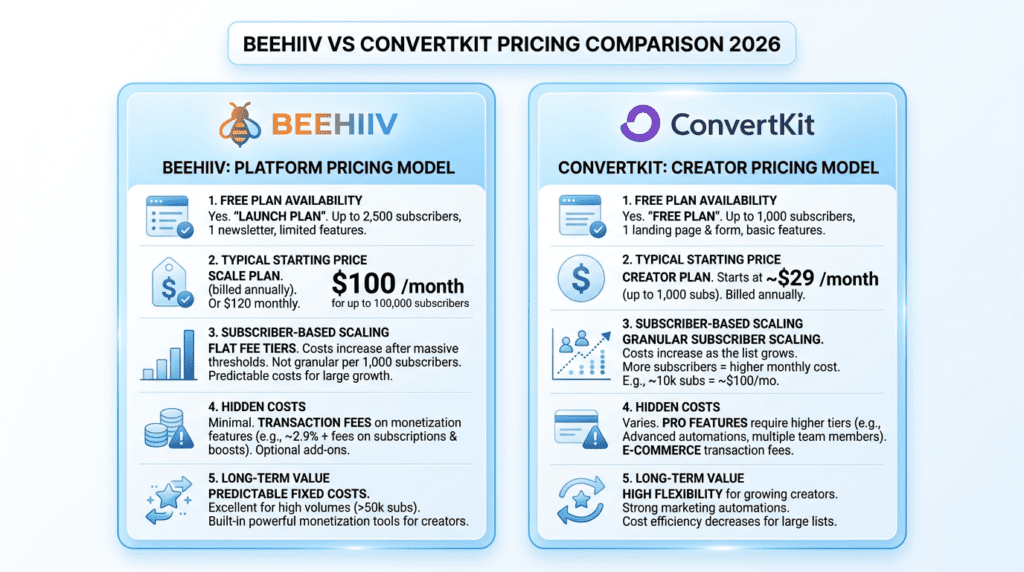 Beehiiv Vs Convertkit pricing and value comparison
