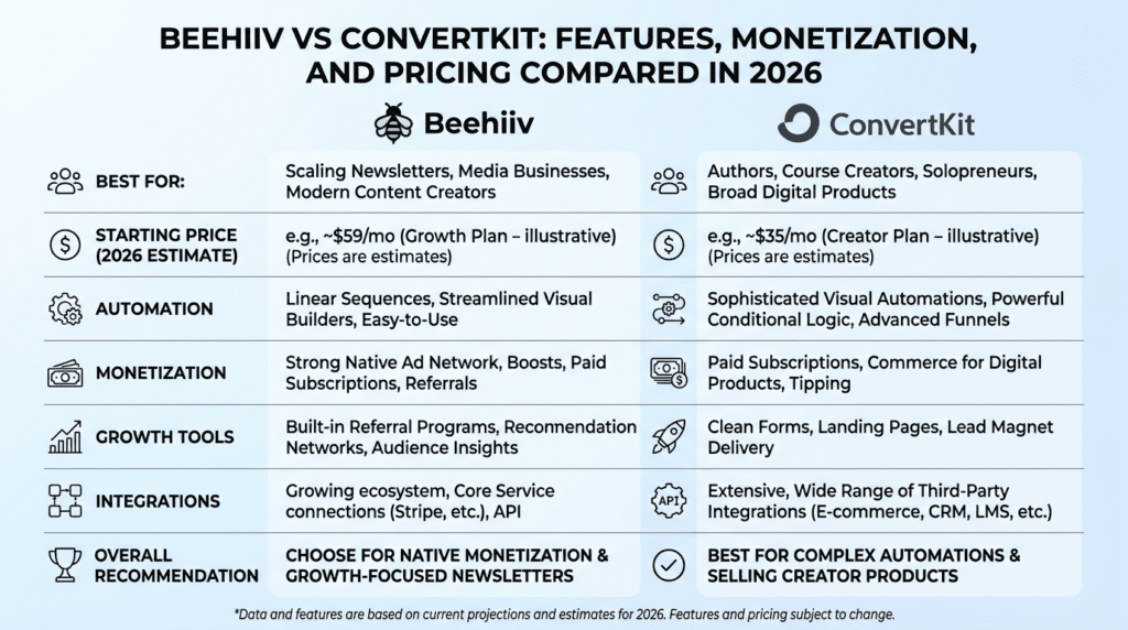 Beehiiv Vs Convertkit side-by-side comparison infographic