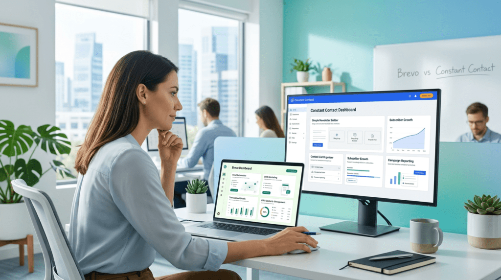 Brevo Vs Constant Contact comparison workspace with two email marketing dashboards