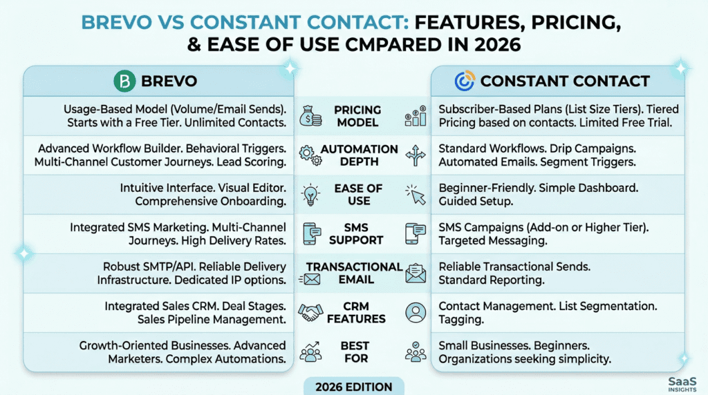 Brevo Vs Constant Contact side-by-side comparison infographic