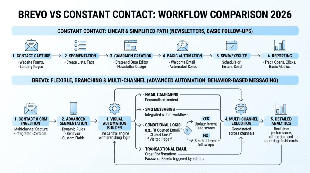 Brevo Vs Constant Contact workflow diagram for email marketing
