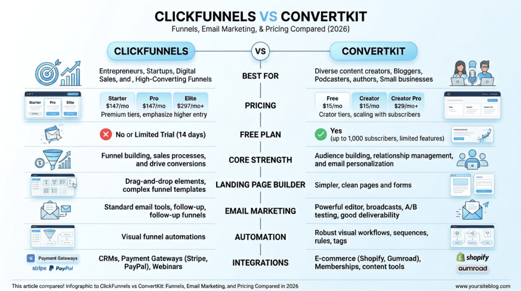 Clickfunnels Vs Convertkit side-by-side comparison infographic