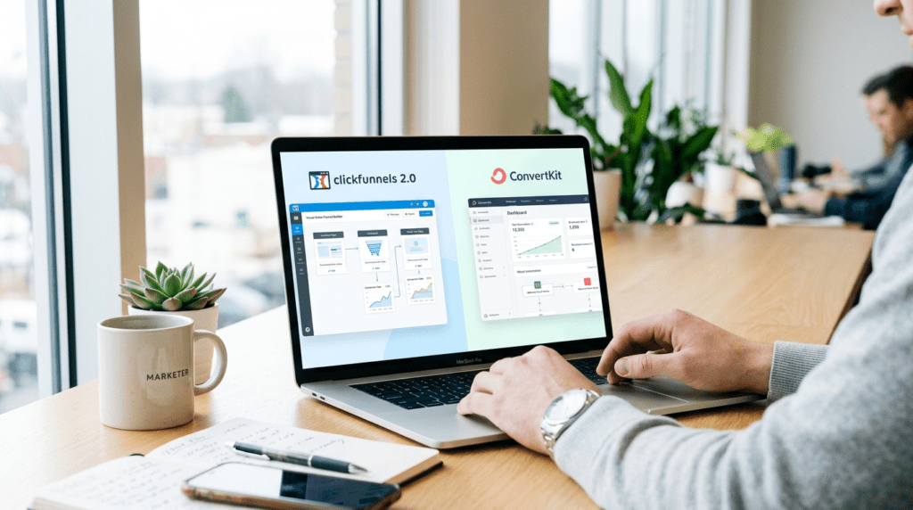 Clickfunnels Vs Convertkit comparison workspace with two software dashboards