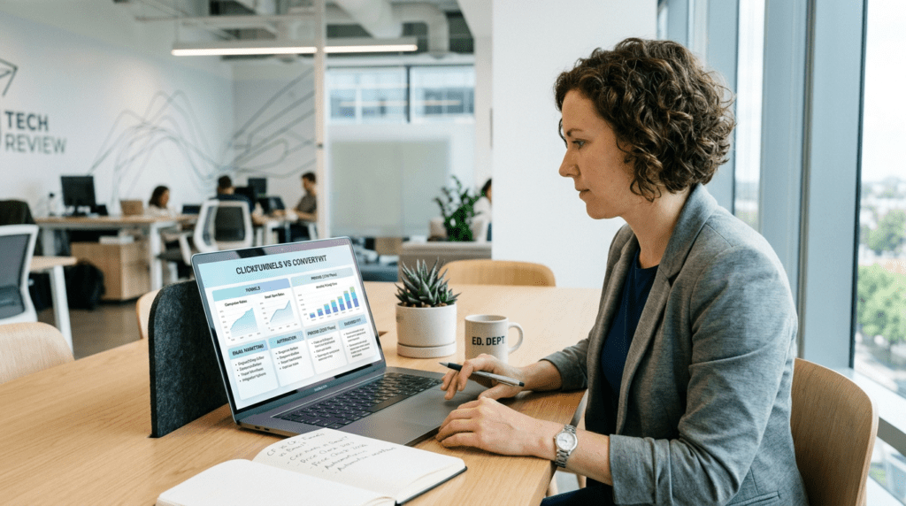 Clickfunnels Vs Convertkit final verdict review in a professional workspace
