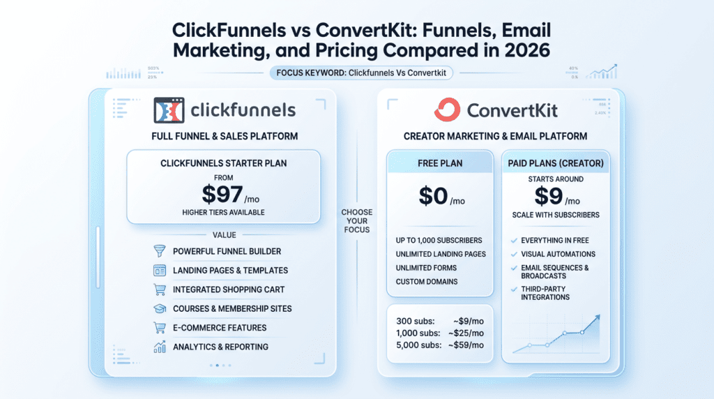 Clickfunnels Vs Convertkit pricing comparison with plan cards