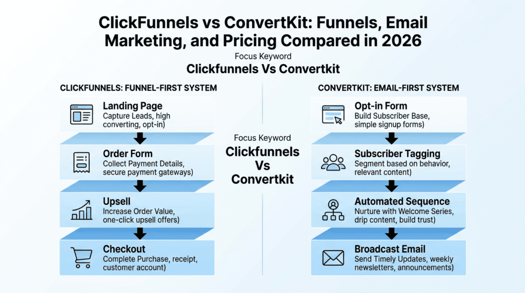 Clickfunnels Vs Convertkit workflow infographic showing funnels and email automation