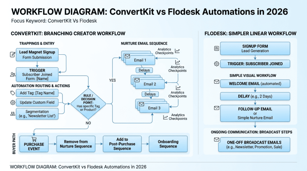 Convertkit Vs Flodesk automation workflow diagram