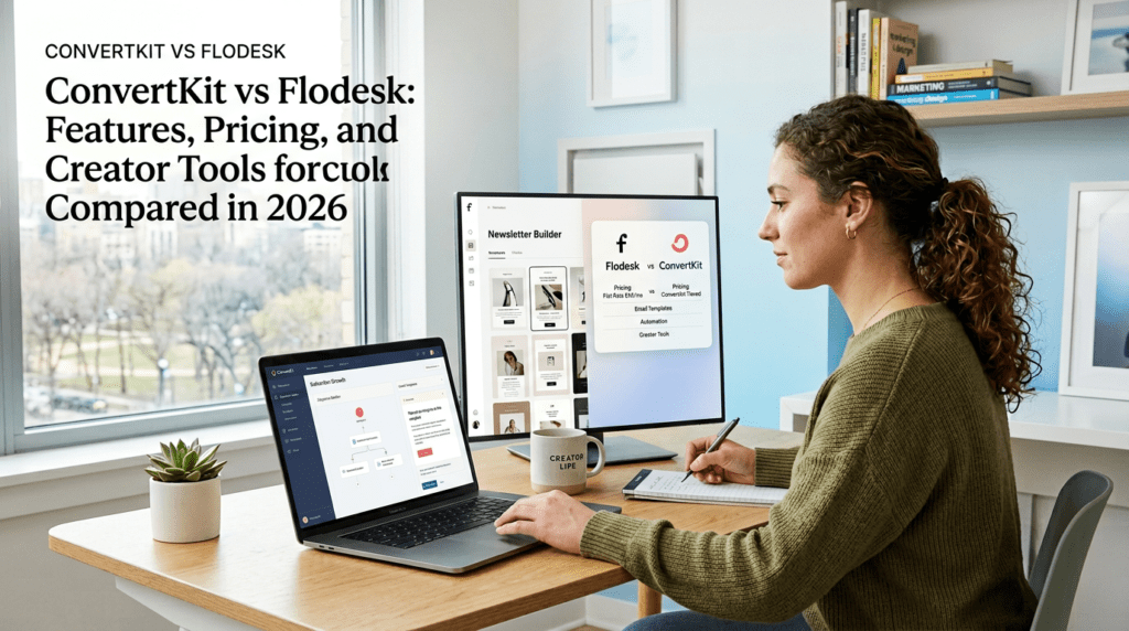 Convertkit Vs Flodesk comparison workspace with email marketing dashboards