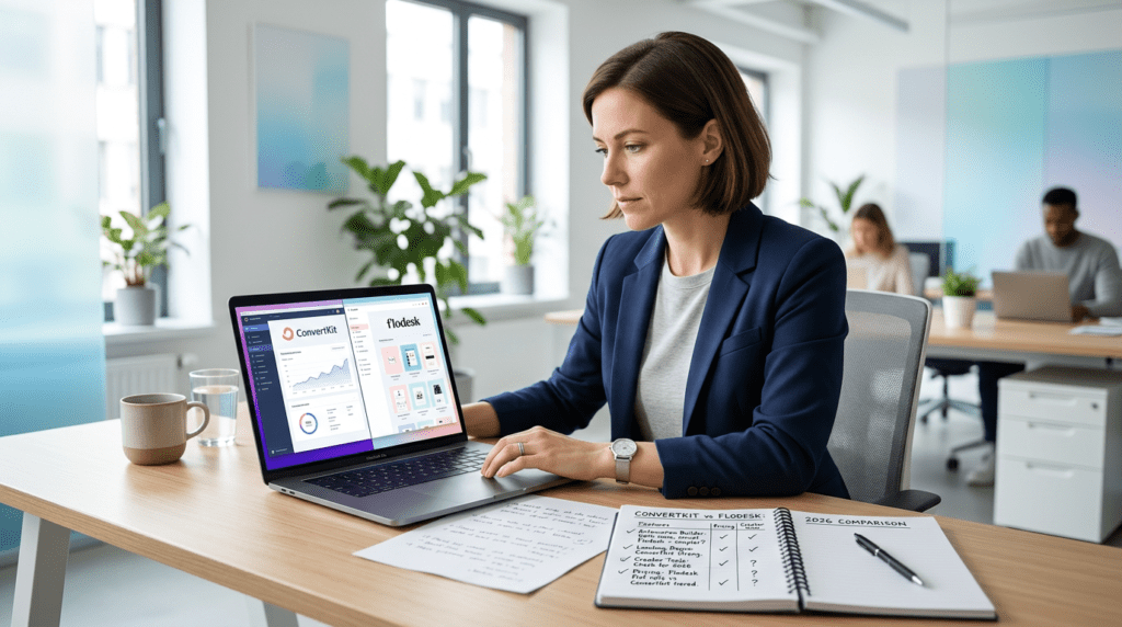 Editor reviewing Convertkit Vs Flodesk email marketing platform comparison