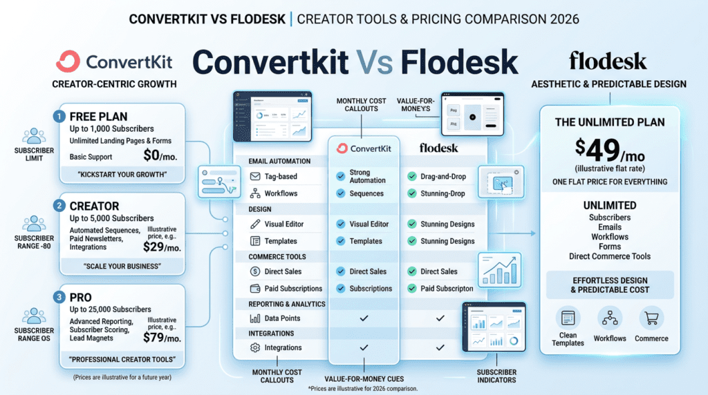 Convertkit Vs Flodesk pricing cards with free plan and flat rate model