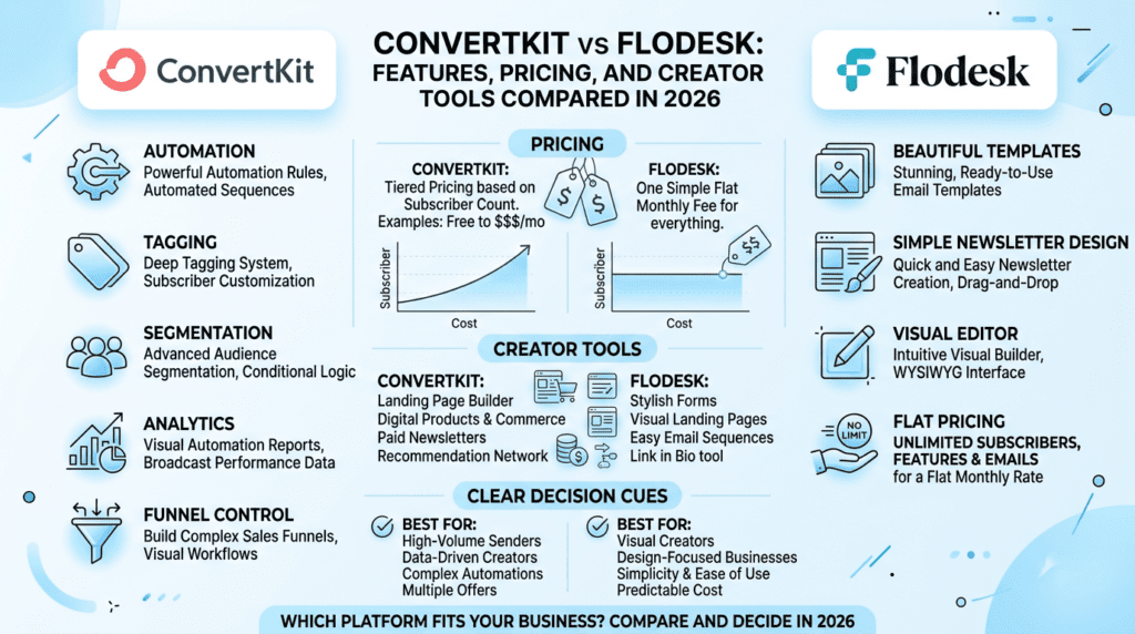 Convertkit Vs Flodesk comparison infographic with feature and pricing differences