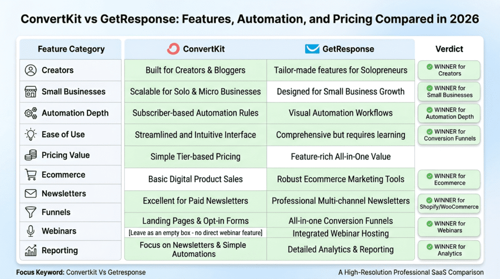 ConvertKit Vs GetResponse quick verdict comparison table for 2026