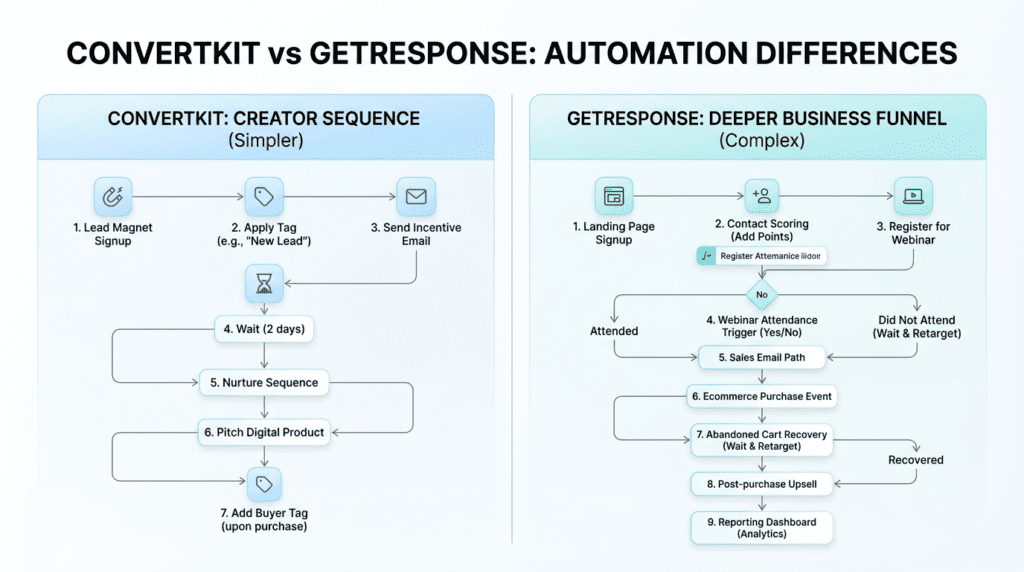 ConvertKit Vs GetResponse automation workflow for sequences and funnels