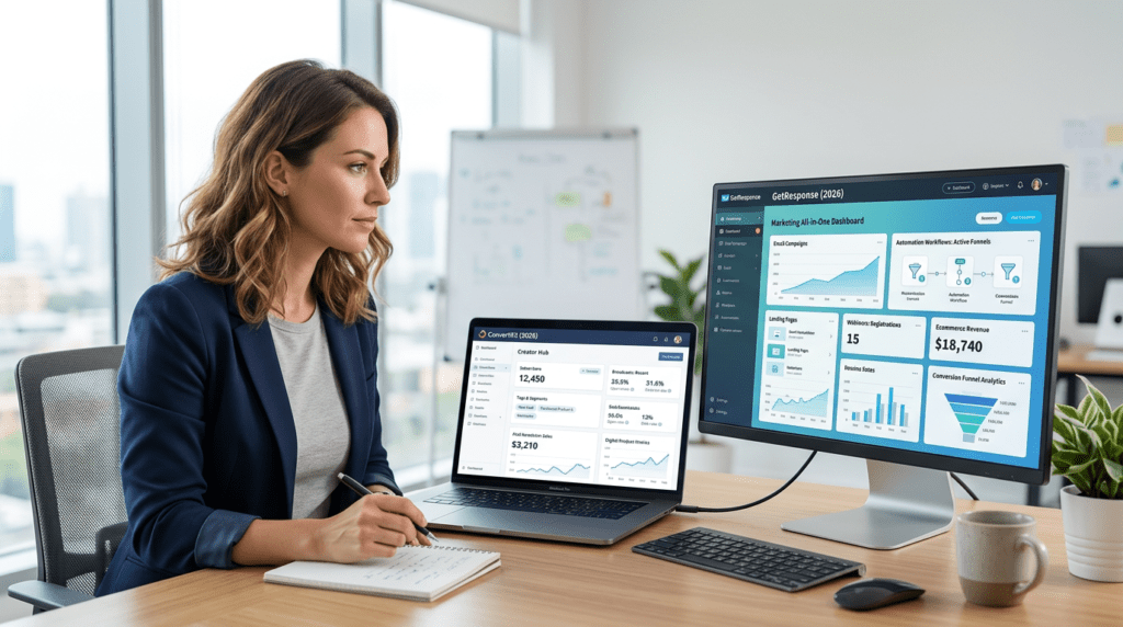ConvertKit Vs GetResponse email marketing dashboards compared in a workspace