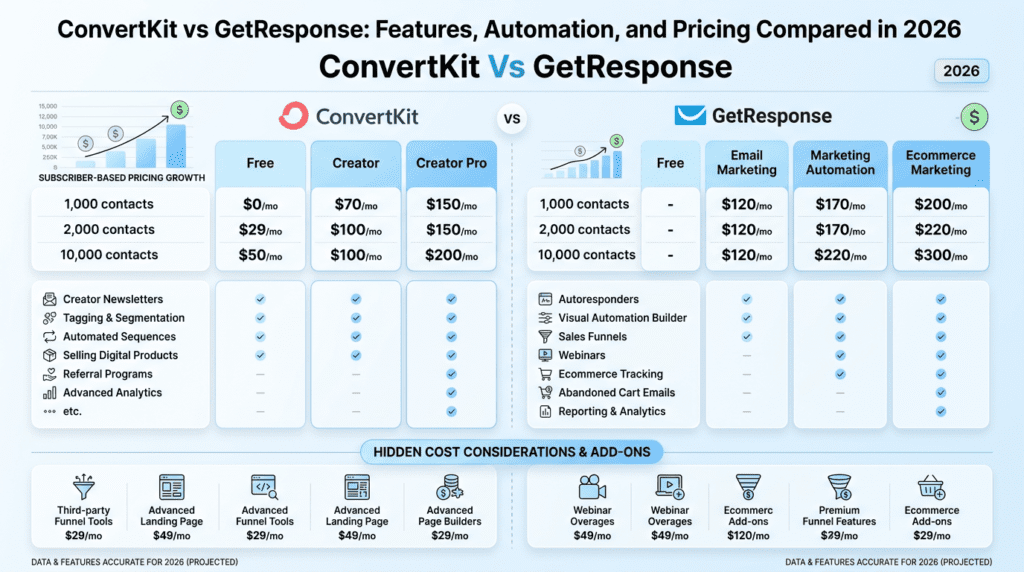 ConvertKit Vs GetResponse pricing comparison with subscriber-based plan tiers