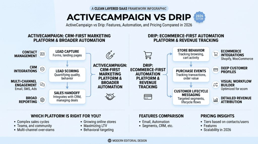 Activecampaign Vs Drip framework showing CRM and ecommerce focus