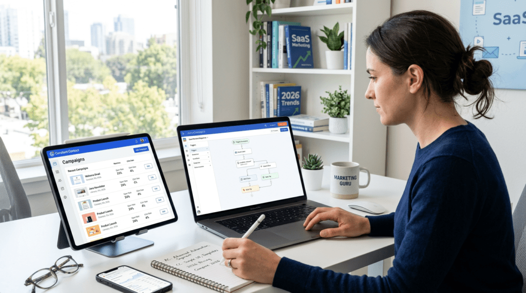 Professional reviewing ActiveCampaign and Constant Contact dashboards