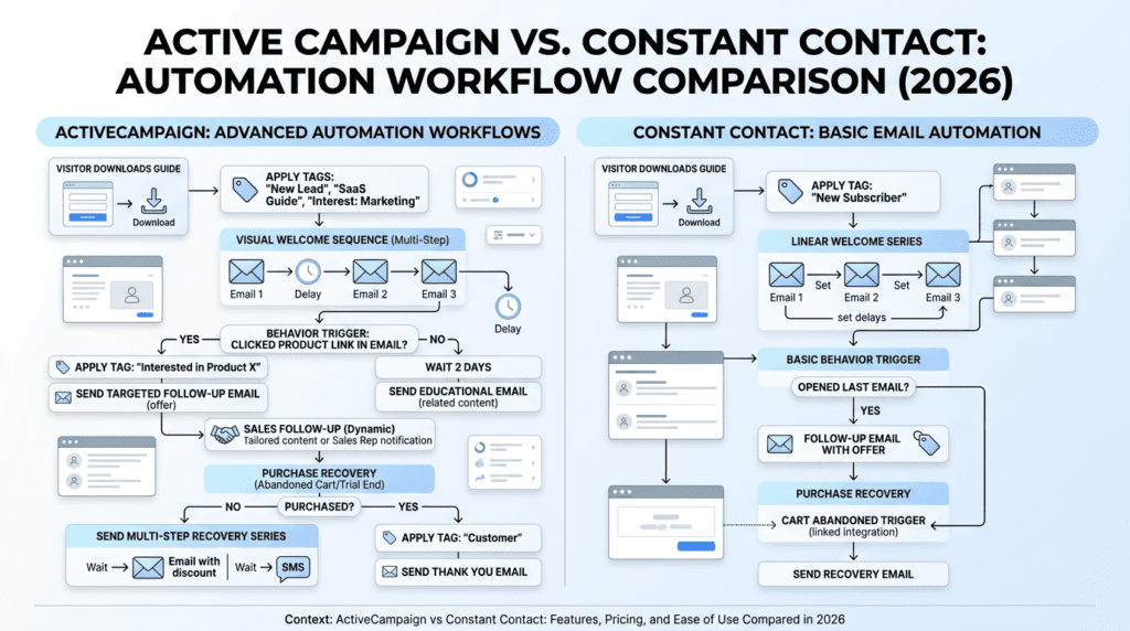ActiveCampaign automation workflow and Constant Contact basic automation diagram