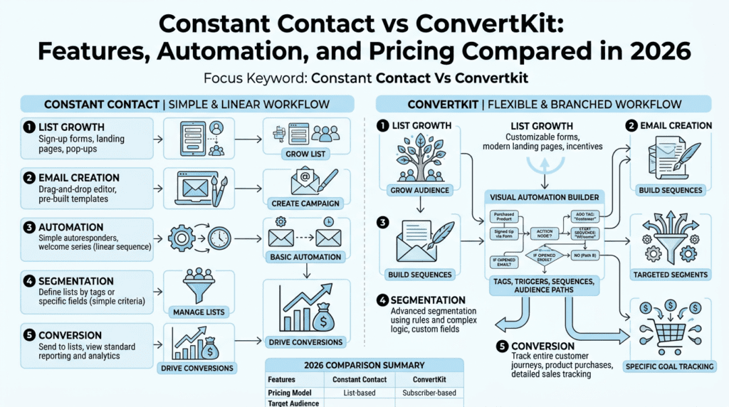 Constant Contact Vs Convertkit workflow diagram showing automation differences
