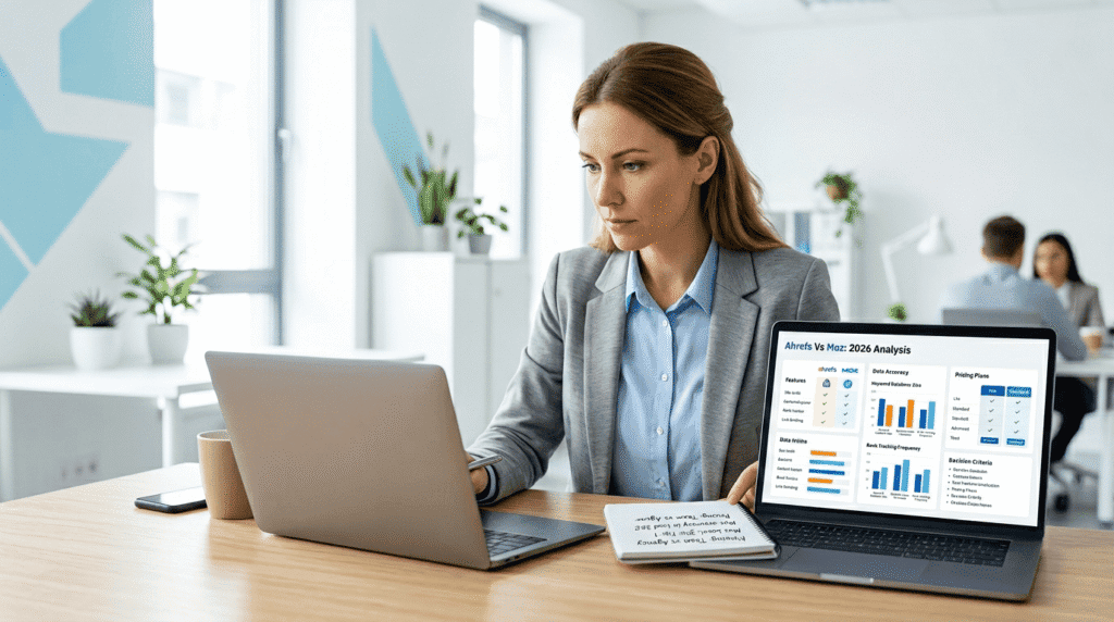 SEO expert reviewing Ahrefs Vs Moz final comparison notes