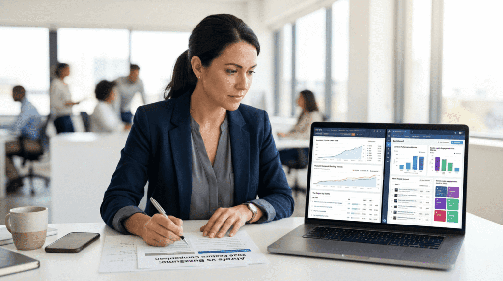 Editor reviewing Ahrefs Vs Buzzsumo final verdict at a desk