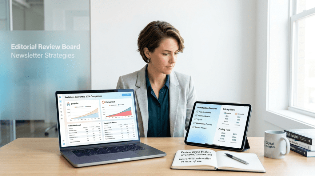 Expert reviewing Beehiiv Vs Convertkit in a professional workspace